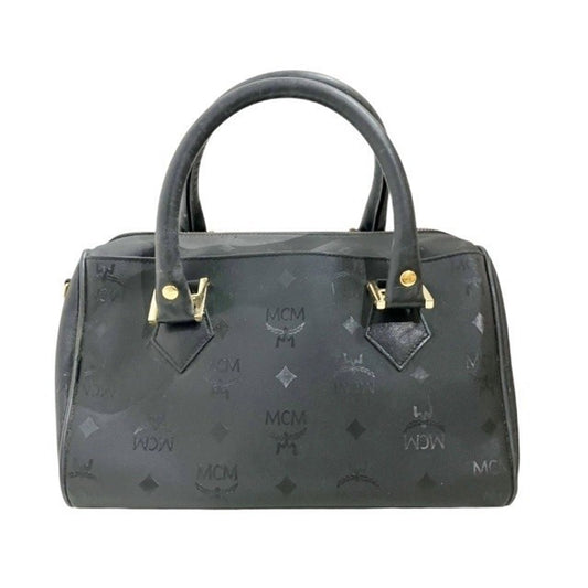 MCM PVC x Leather Black Visetos Handbag Small Boston Bag Gold Hardware 10x7x7