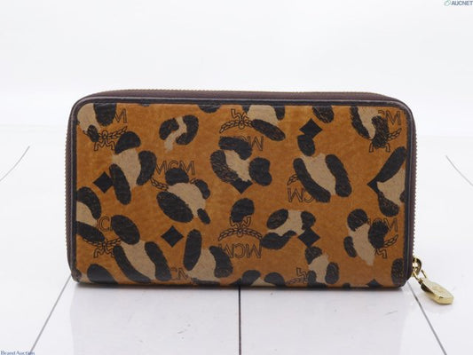 MCM Visetos Leopard Print Zip-Around Long Wallet | Cognac Brown