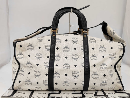MCM Munchen White/Blue Canvas Leather Large Duffle Weekender Travel Bag