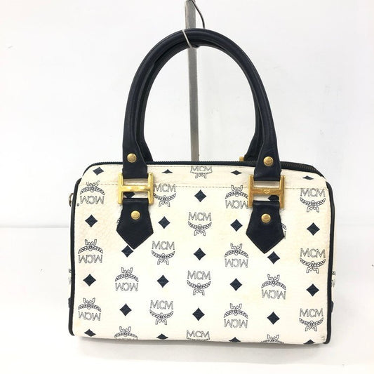 MCM Visetos Boston Bag | Canvas & Leather | White/Blue #F3845 10x6.5x6.5
