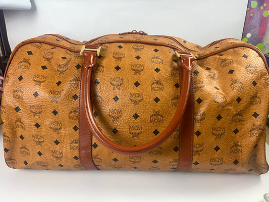 MCM Boston/Duffel Handbag Cognac Visetos w/Strap 22x11x10