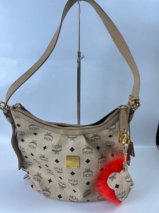 MCM Shoulder Bag Beige Visetos W/Charm Wallet and Lock & Key