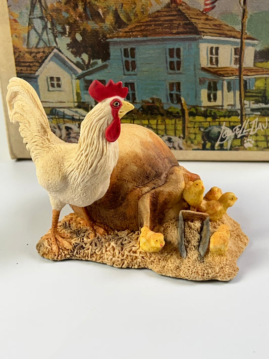 Schmid Lowell Davis Chow Time Hen Chicks Rooster W/ Bag Of Feed Border Fine Arts