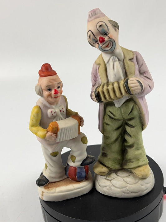 2 Vintage Bisque Porcelain Clown Figurine playing accordion 8 & 5in Tall