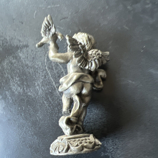 Vintage SUN 6 oz Pewter Angel Cherub w Perched Dove Bird 4" Figurine