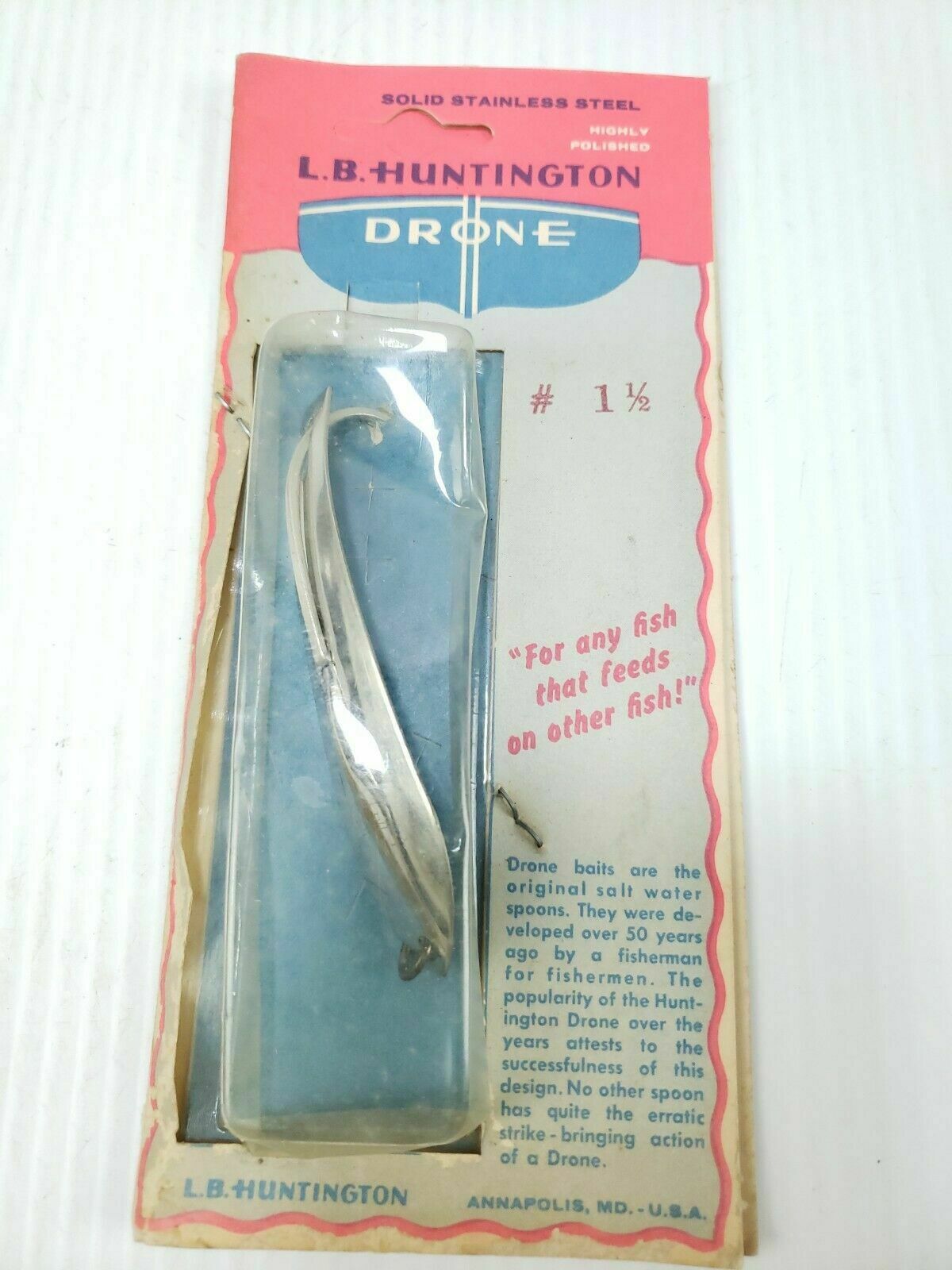 Vintage LB Huntington Drone Bait No.1 1/2 Métal Cuillère NIP 4in (Rare)