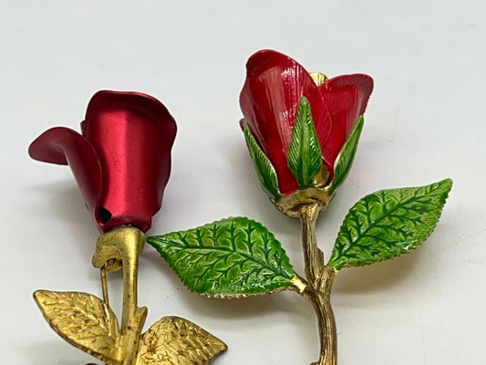 Broche Vintage Pin Avon & Corée Rouge Rose Fleur Or Ton Signé Bijoux