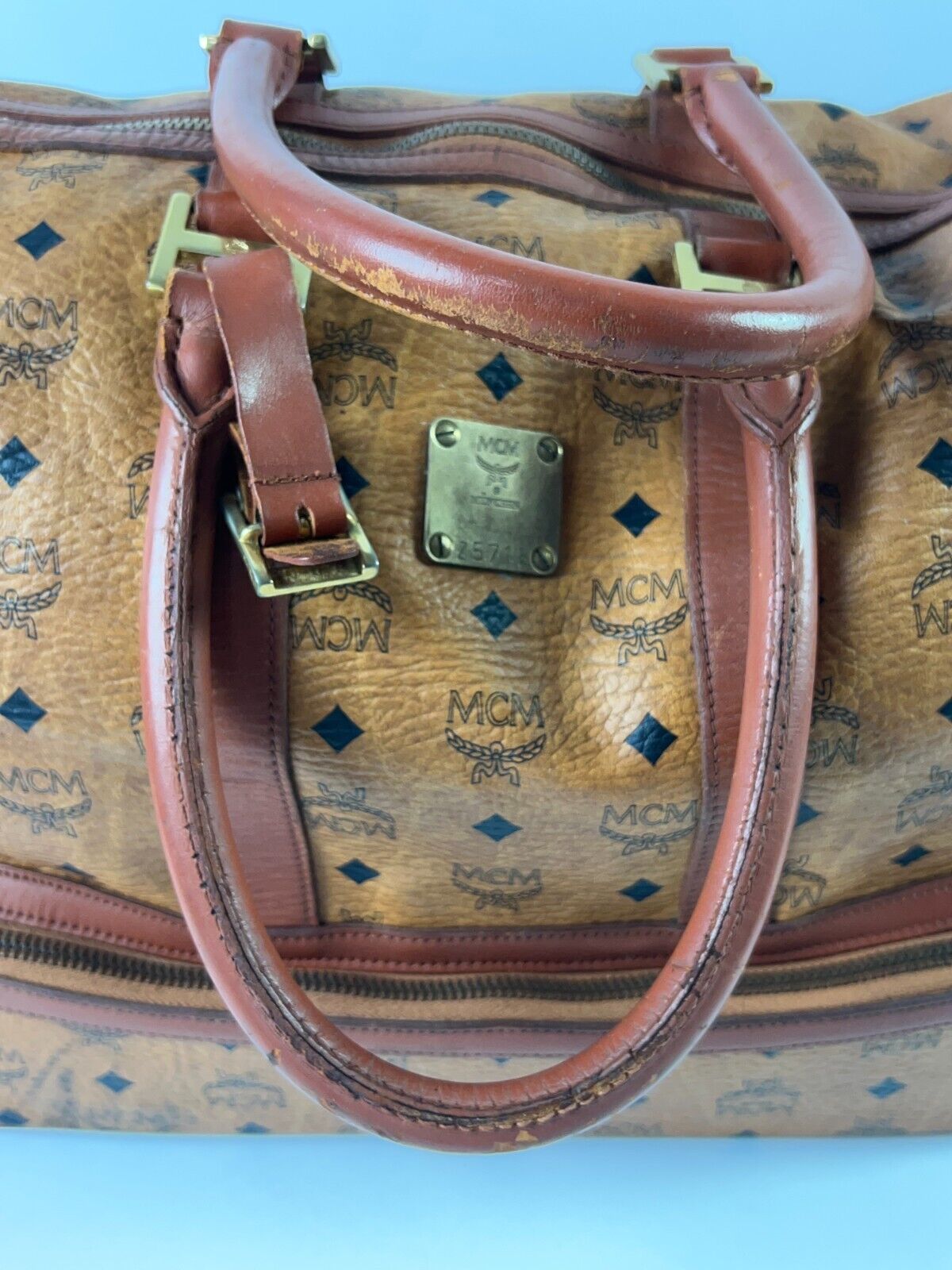 MCM Monogram Cognac Leather Munchen Duffle/Suitcase Bag RARE