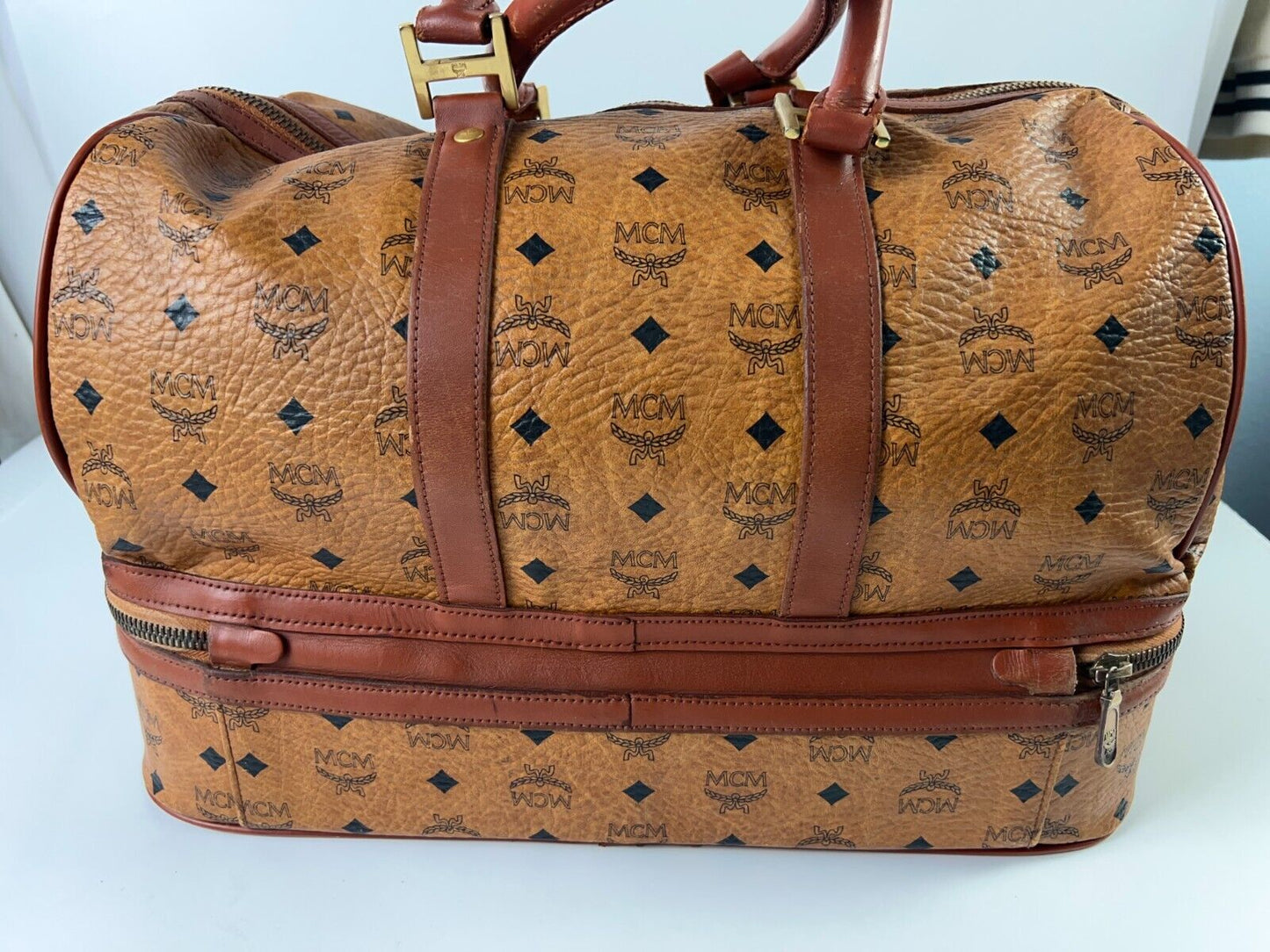 MCM Monogram Cognac Leather Munchen Duffle/Suitcase Bag RARE