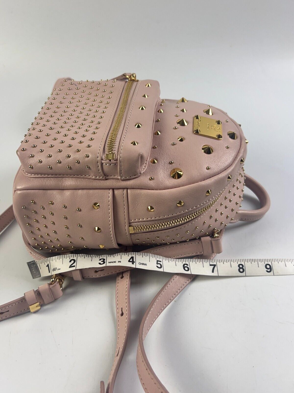 MCM Visetos Mini Backpack Studs Pink Nylon Leather Metal