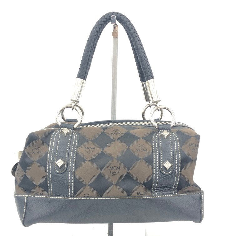 MCM Coated Canvas/ Leather Black/Brown Handbag Boston Bag Gold Hardware 11x6x7