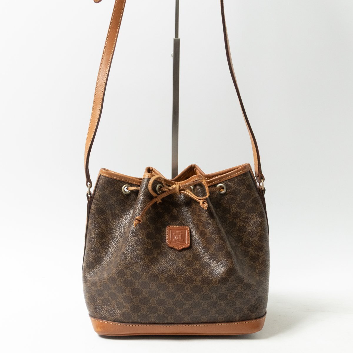 Celine Macadam Drawstring Shoulder Bag | PVC & Leather Crossbody | Dark Brown | Women's