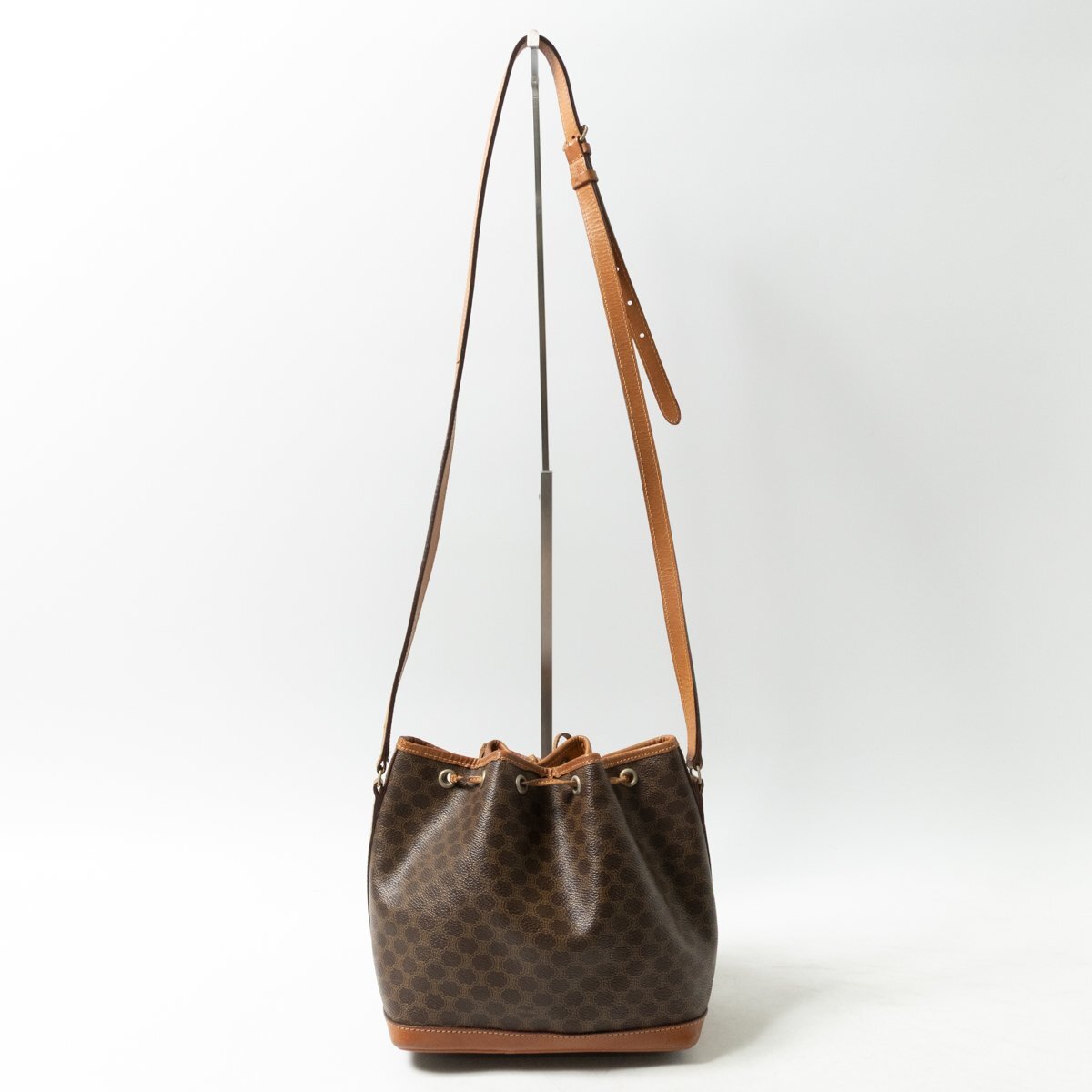 Celine Macadam Drawstring Shoulder Bag | PVC & Leather Crossbody | Dark Brown | Women's