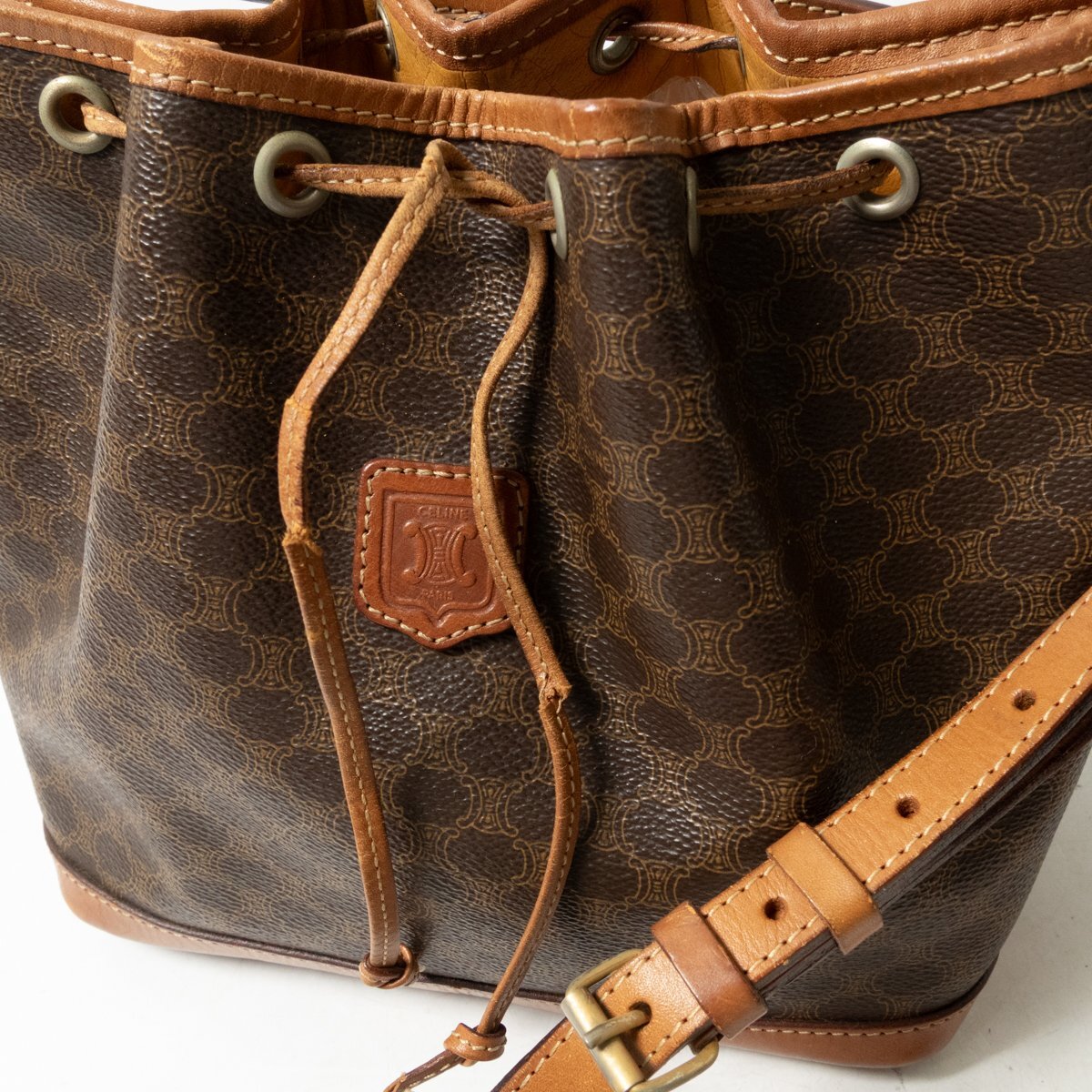 Celine Macadam Drawstring Shoulder Bag | PVC & Leather Crossbody | Dark Brown | Women's