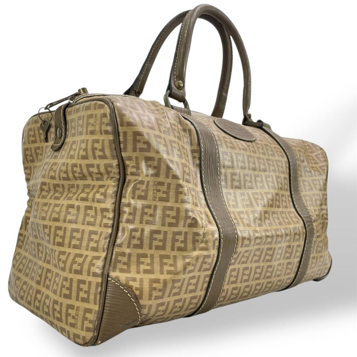 FENDI Boston Bag, Zucca Pattern, Coated Canvas and Leather, Brown, Travel Bag, Vintage, A4 Size