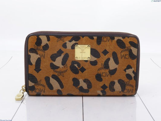 MCM Visetos Leopard Print Zip-Around Long Wallet | Cognac Brown