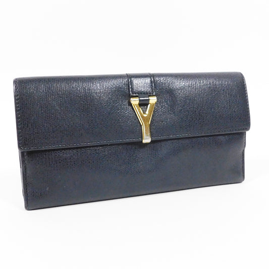 YSL Yves Saint Laurent Y-Line Long Wallet | Black Leather | Women's