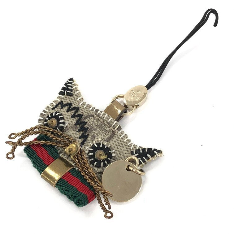 Gucci Cat Gucchori Key Charm | GG Canvas | Beige & Gold