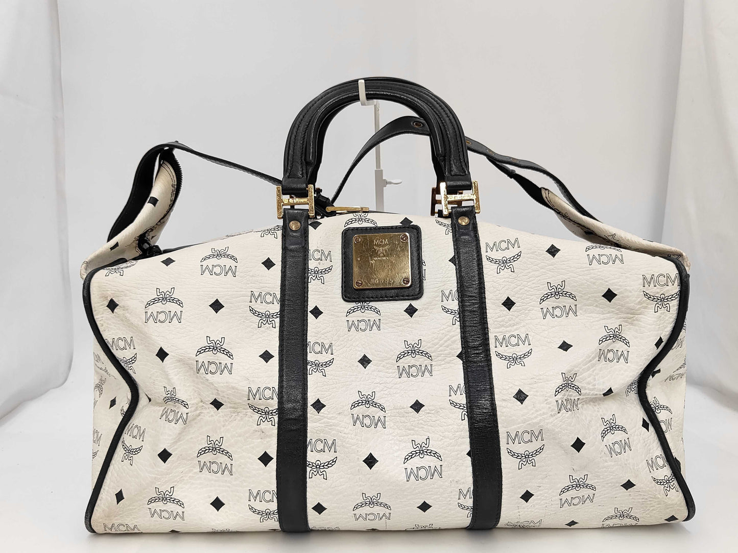 MCM Munchen White/Blue Canvas Leather Large Duffle Weekender Travel Bag