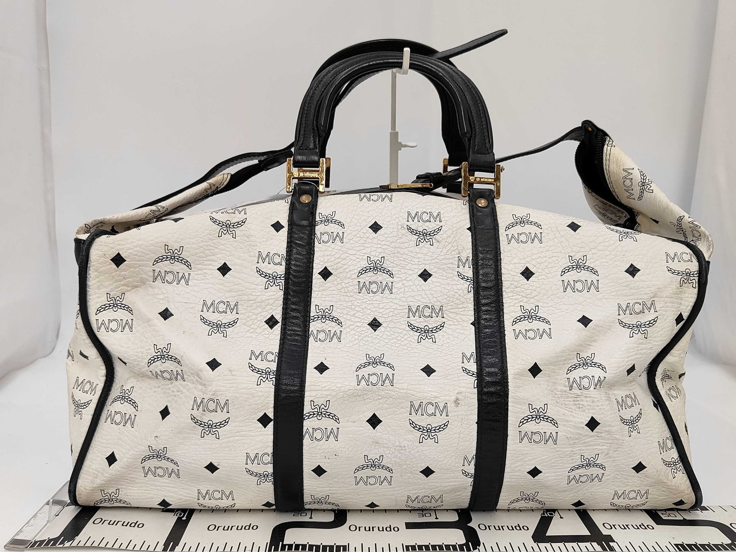 MCM Munchen White/Blue Canvas Leather Large Duffle Weekender Travel Bag