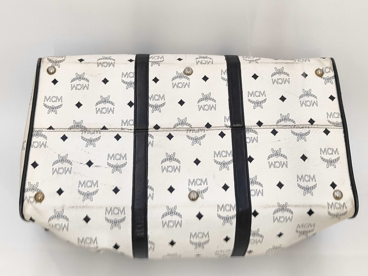 MCM Munchen White/Blue Canvas Leather Large Duffle Weekender Travel Bag