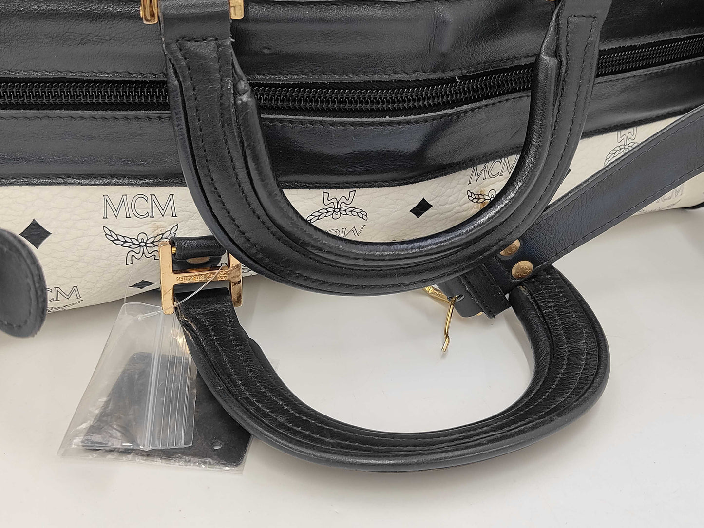 MCM Munchen White/Blue Canvas Leather Large Duffle Weekender Travel Bag