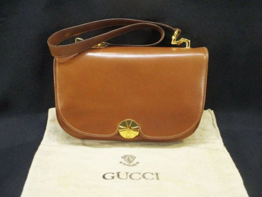 OLD GUCCI Vintage Shoulder Bag / Leather Camel Brown Crest Charm with Dust Bag 70s 80s w/COA