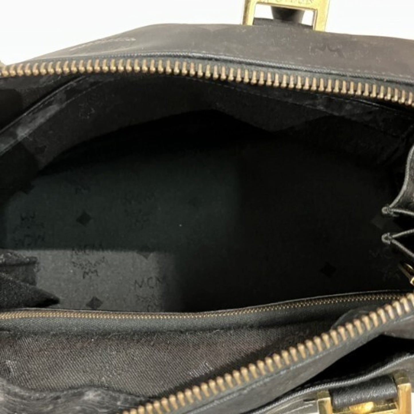 MCM PVC x Leather Black Visetos Handbag Small Boston Bag Gold Hardware 10x7x7