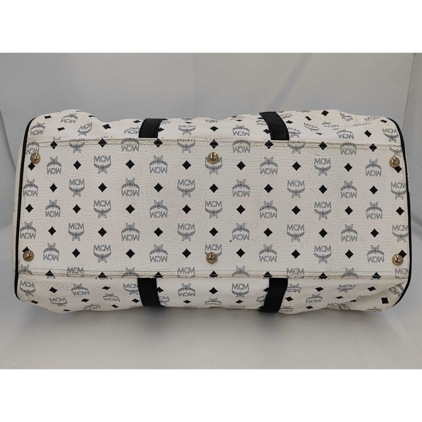 MCM Munchen White/Blue Canvas Leather Large Duffle Weekender Travel Bag w/strap