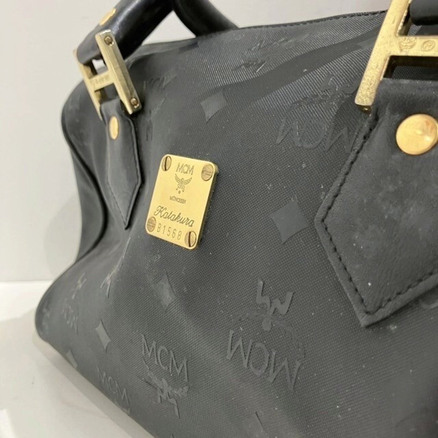 MCM PVC x Leather Black Visetos Handbag Small Boston Bag Gold Hardware 10x7x7