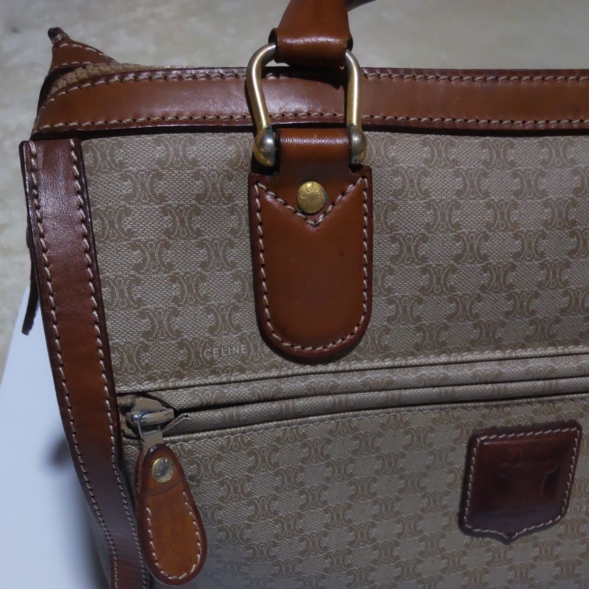 Celine Triumph Boston Bag | Canvas & Leather | Tan | Women's