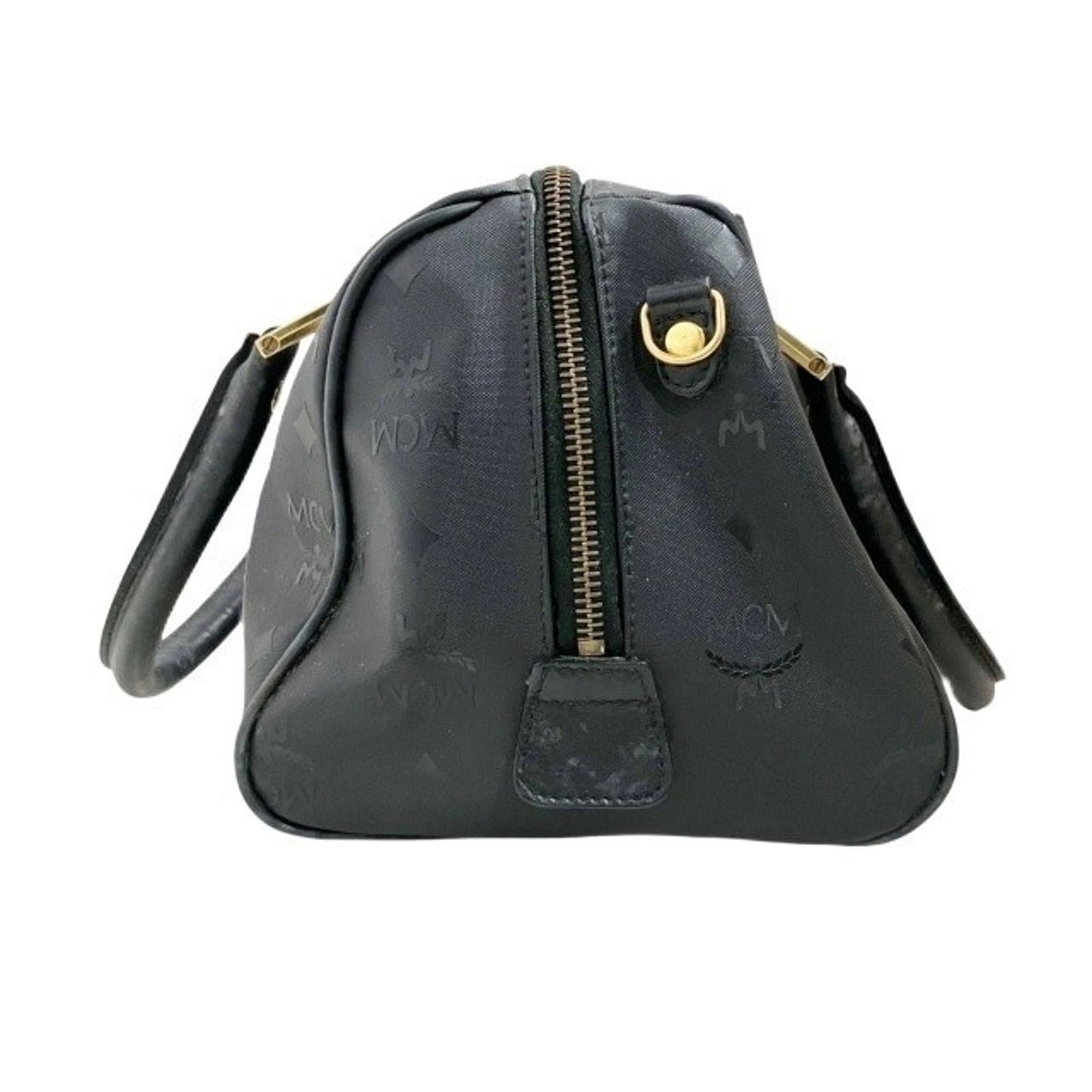 MCM PVC x Leather Black Visetos Handbag Small Boston Bag Gold Hardware 10x7x7