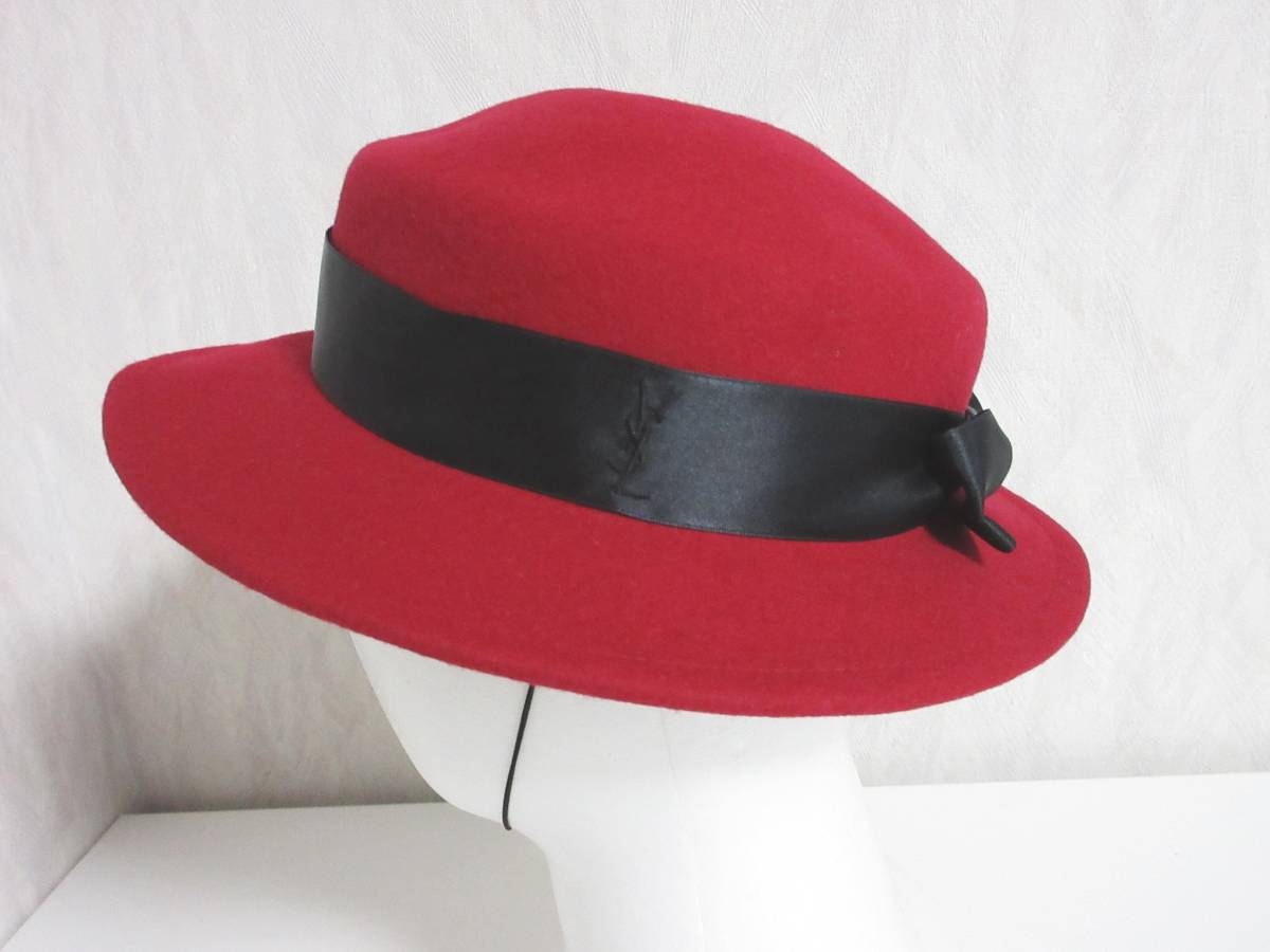 YSL Yves Saint Laurent Wool Hat | Ribbon Detail | Red | Size 56 | Women's