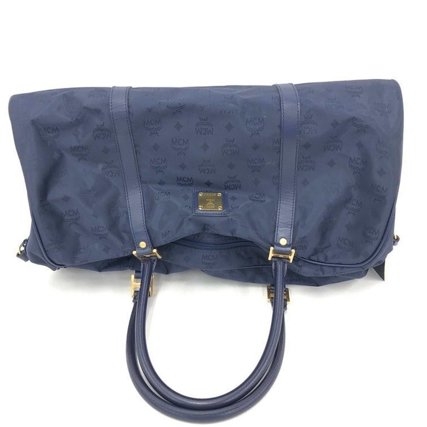 MCM Blue Visetos Monogram Duffle Weekender Bag with strap