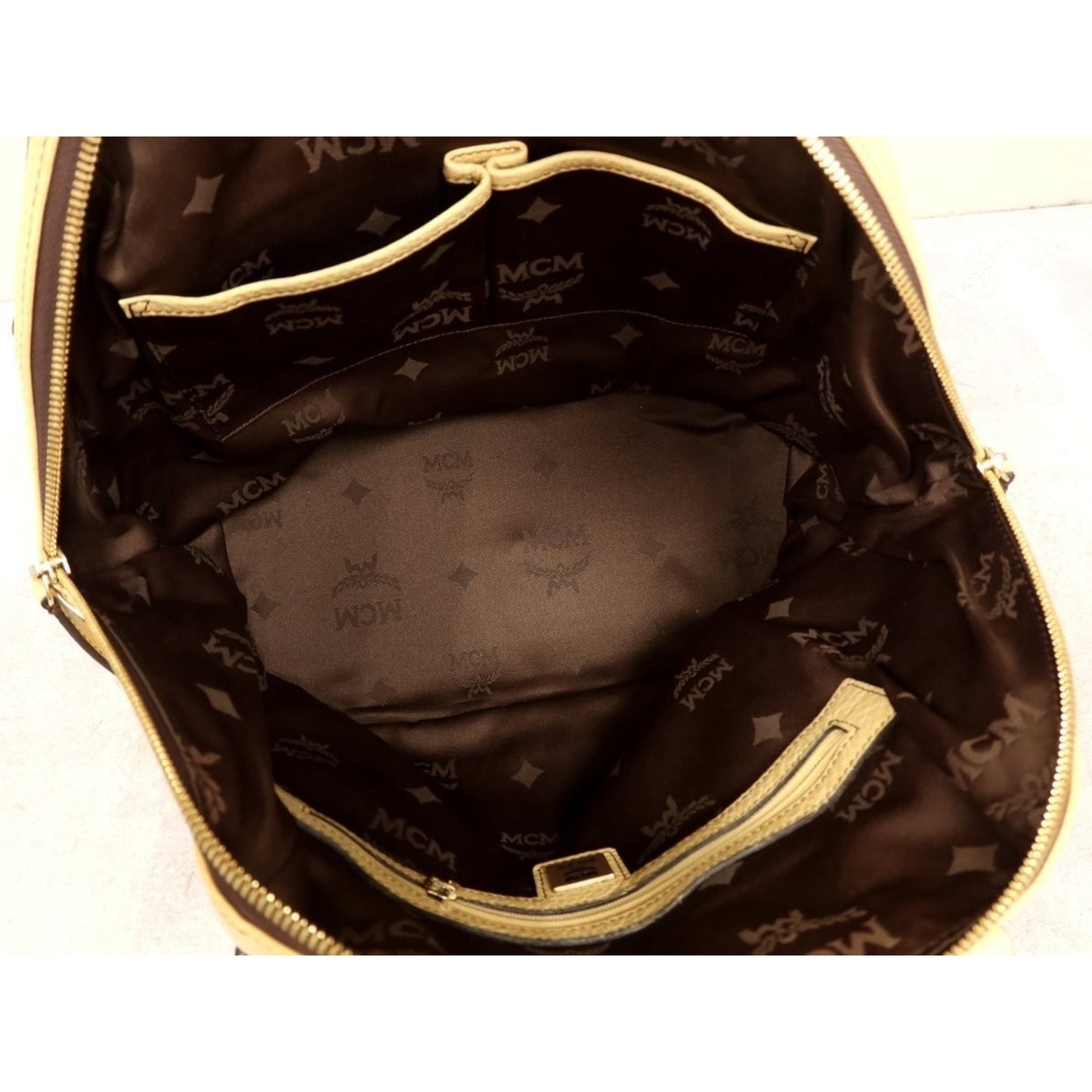 MCM Calf Leather Handbag Cream Gold Hardware Tote Bag