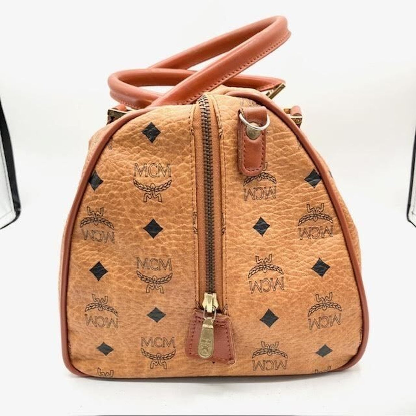MCM Visetos Top Handle/Shoulder Bag Cognac Canvas/Leather 13.75x8.5x8