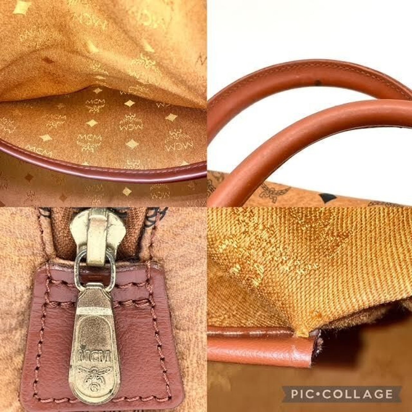 MCM Visetos Top Handle/Shoulder Bag Cognac Canvas/Leather 13.75x8.5x8