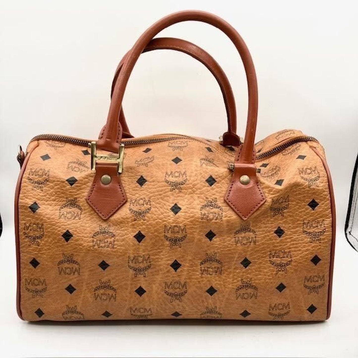 MCM Visetos Top Handle/Shoulder Bag Cognac Canvas/Leather 13.75x8.5x8