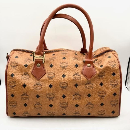 MCM Visetos Top Handle/Shoulder Bag Cognac Canvas/Leather 13.75x8.5x8