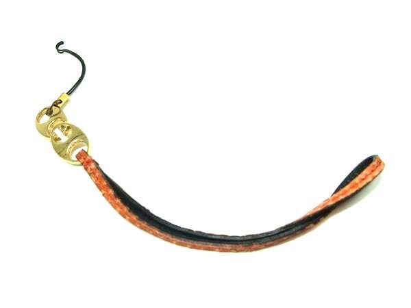 GUCCI Interlocking G Leather Strap Keychain Accessory, Gold Tone x Orange Tone