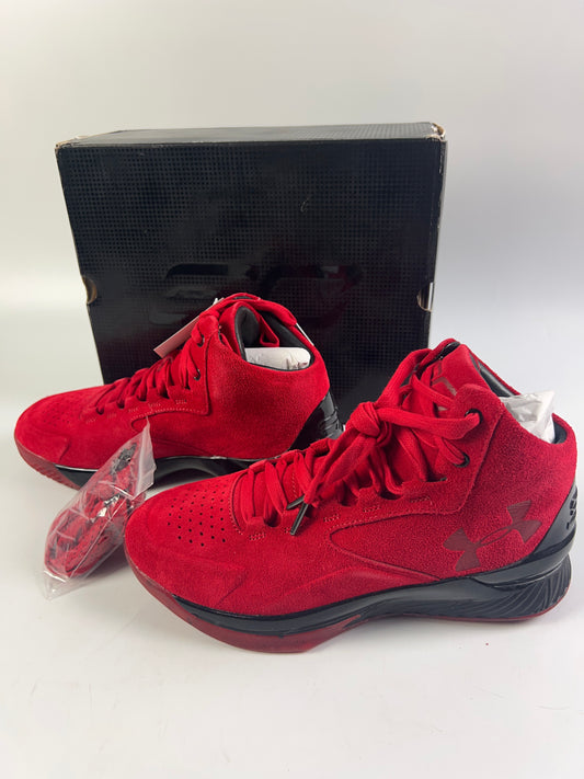 Under Armour UA Curry 1 Lux Mid Red Suede Black 1296617-600 Size 9