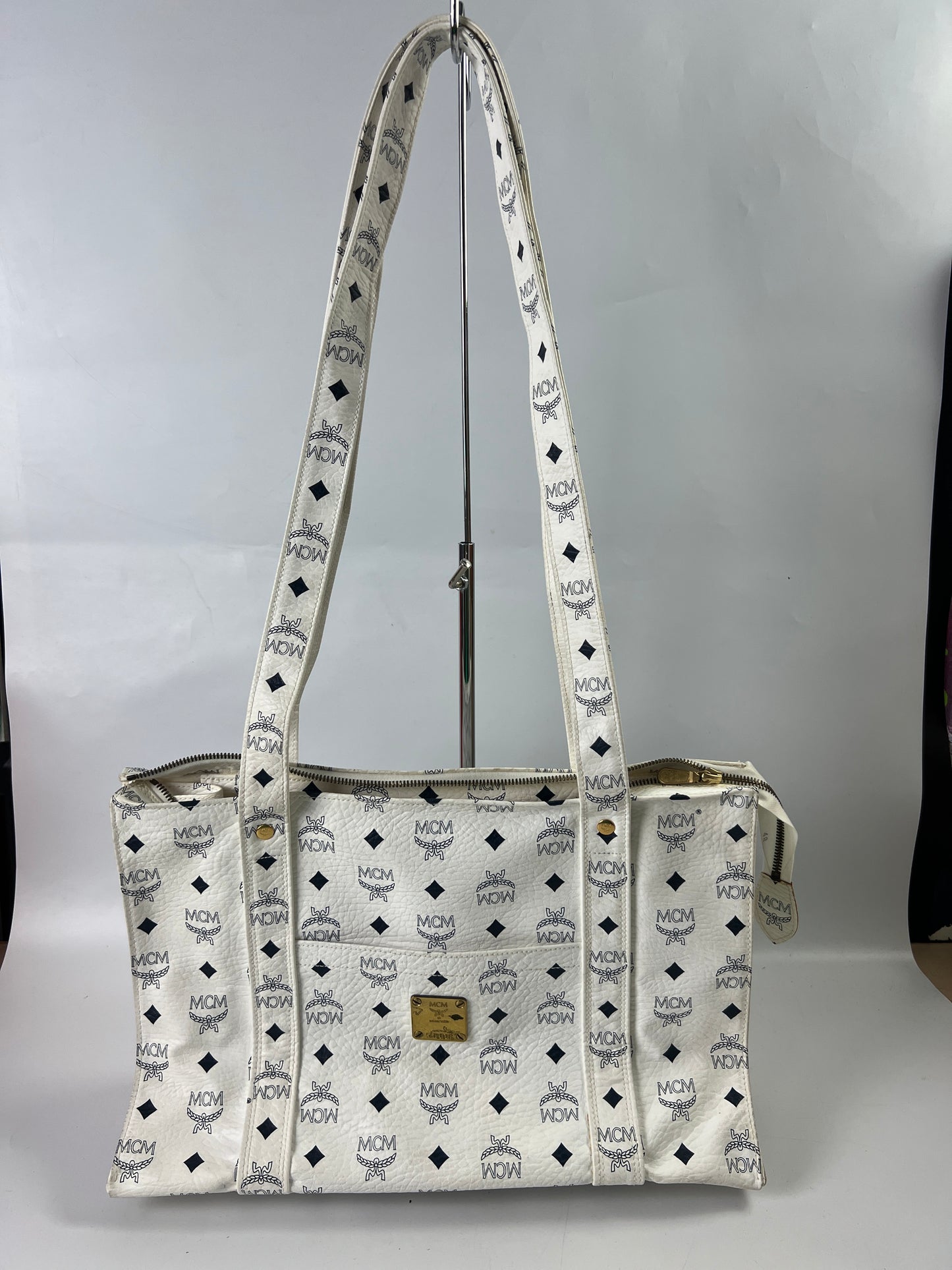 MCM Leather large tote shopper bag -Wh/Blue