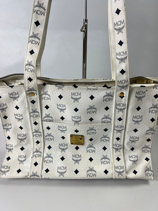 MCM Leather large tote shopper bag -Wh/Blue