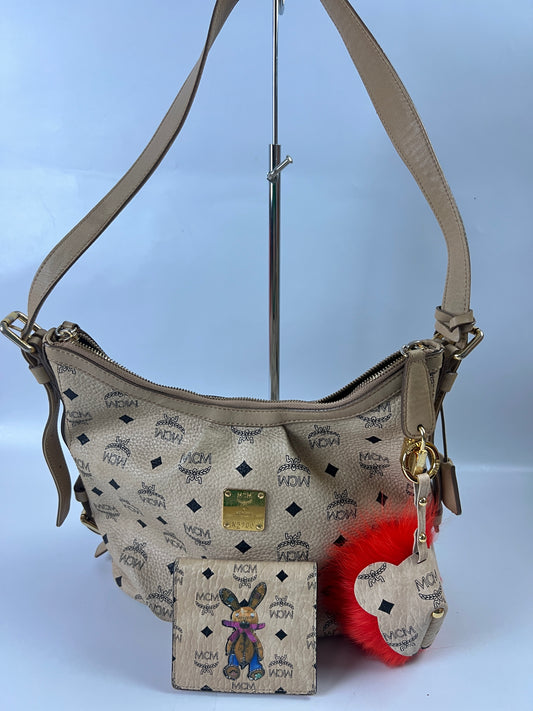 MCM Shoulder Bag Beige Visetos W/Charm Wallet and Lock & Key