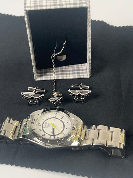 MCM Mens Silver Watch , cufflinks & Tie Tac Excellent Condition