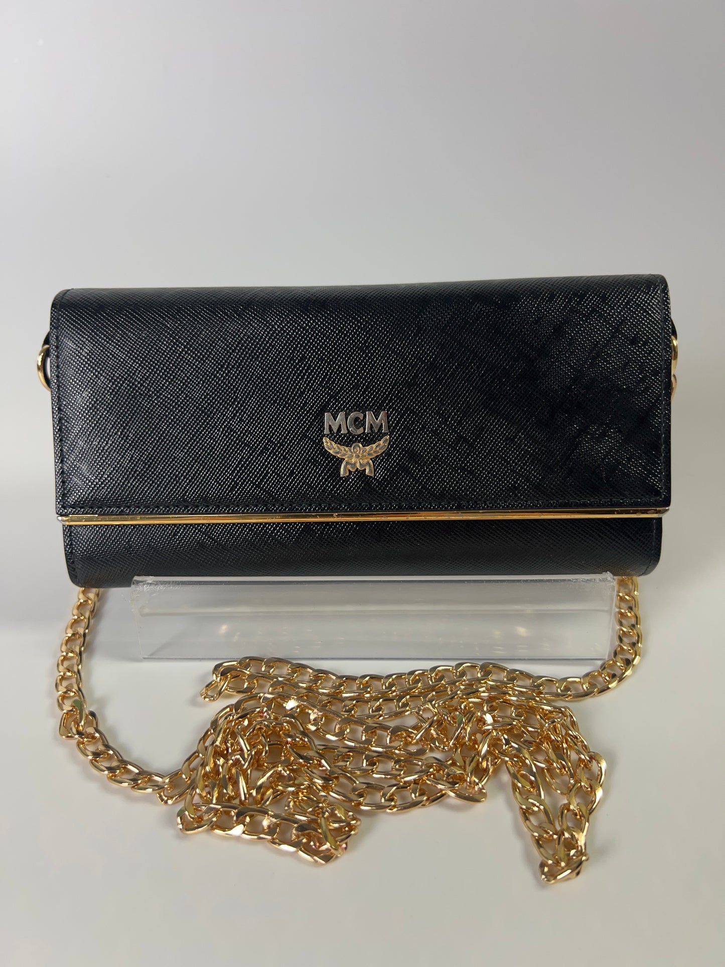 MCM Long Trifold Wallet Black/Gold w/chain-Shoulder strap Ladies