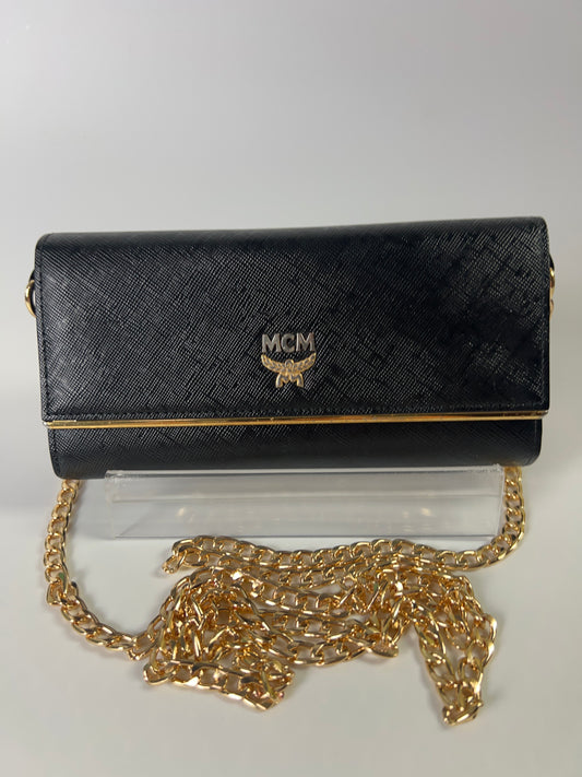 MCM Long Trifold Wallet Black/Gold w/chain-Shoulder strap Ladies