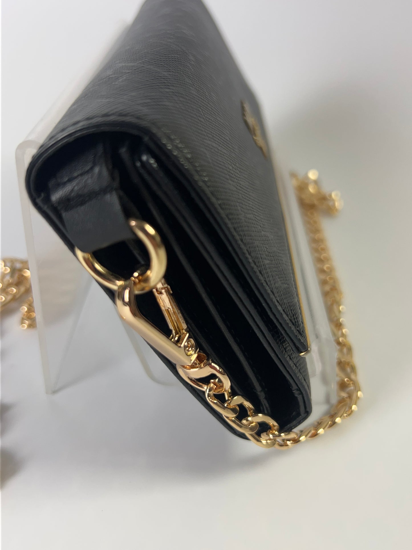 MCM Long Trifold Wallet Black/Gold w/chain-Shoulder strap Ladies