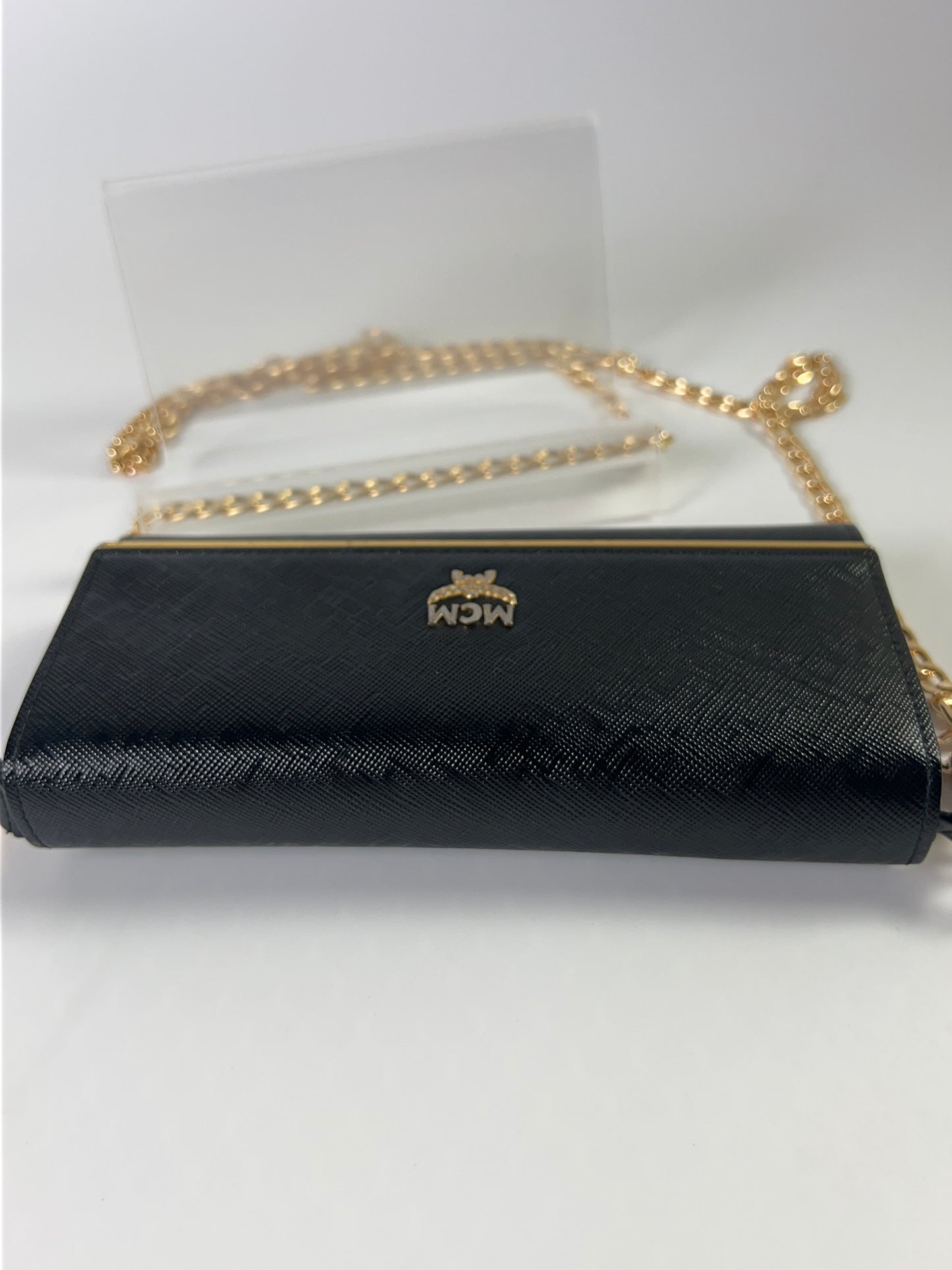 MCM Long Trifold Wallet Black/Gold w/chain-Shoulder strap Ladies