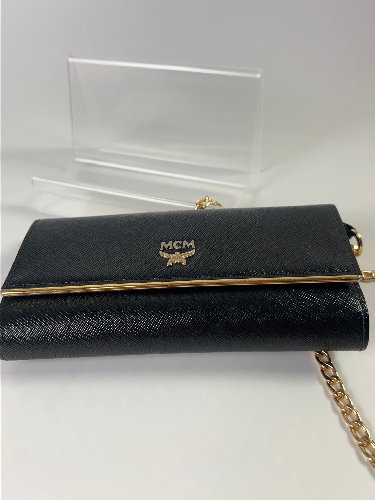 MCM Long Trifold Wallet Black/Gold w/chain-Shoulder strap Ladies